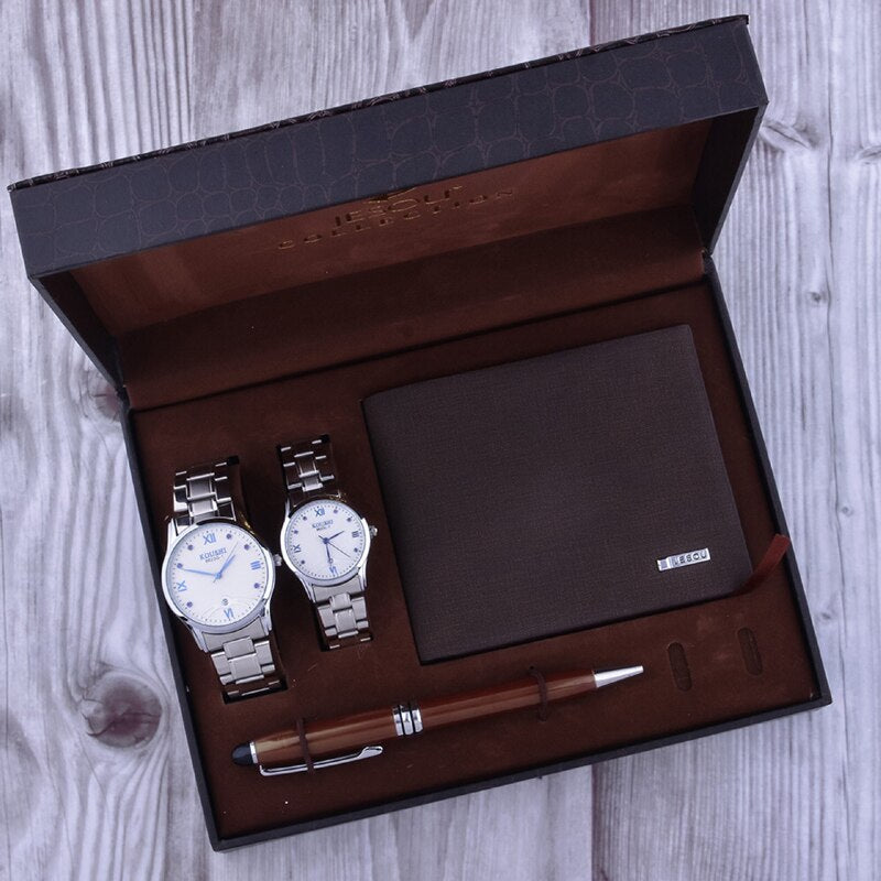 Men's waterproof quartz watch set with a stylish PU strap, stainless steel buckle, and zinc alloy case. Comes in a sleek gift box, available in brown or black.