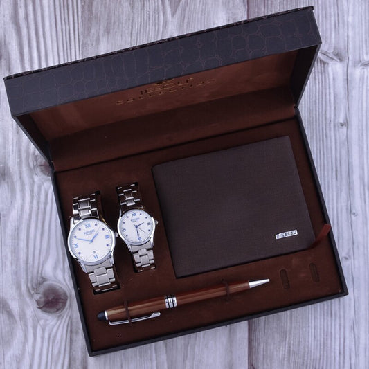 Men's waterproof quartz watch set with a stylish PU strap, stainless steel buckle, and zinc alloy case. Comes in a sleek gift box, available in brown or black.