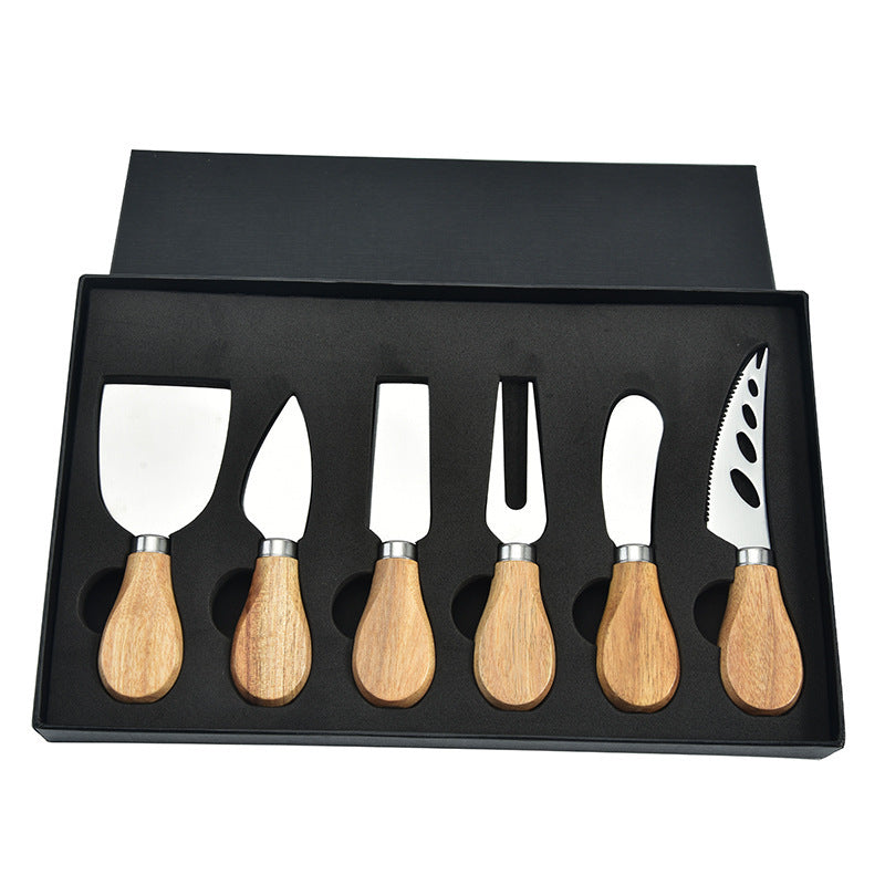 
6-piece stainless steel cheese cutter set with ergonomic handles, designed for slicing different types of cheese. Custom logo printing available, perfect for gifting or personal use.