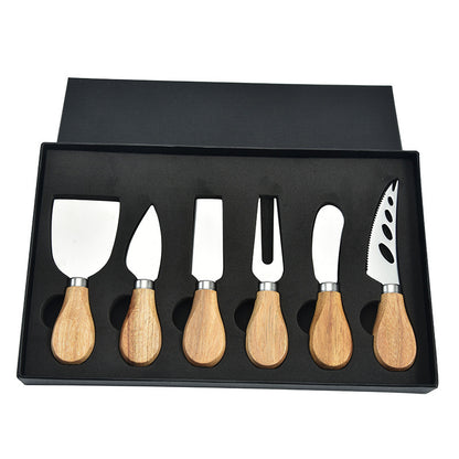 
6-piece stainless steel cheese cutter set with ergonomic handles, designed for slicing different types of cheese. Custom logo printing available, perfect for gifting or personal use.
