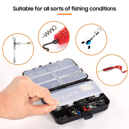 A comprehensive 246-piece sea fishing tackle set including hooks, lead sinkers, luminous beads, and other accessories, neatly organized in a durable box for all your fishing needs.