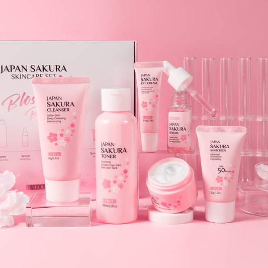 Indulge in the delicate touch of cherry blossoms with this luxurious 6-piece skincare set—specially designed to cleanse, nourish, and rejuvenate your skin. Infused with the essence of cherry blossoms, this set delivers deep hydration, promotes a radiant glow, and leaves your skin feeling refreshed and silky smooth.