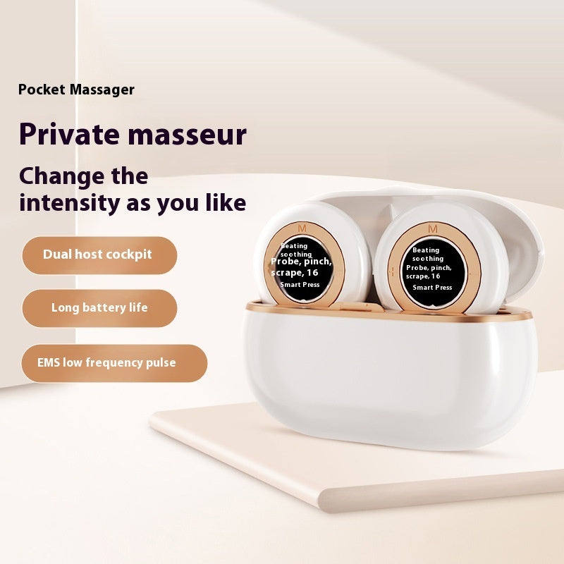 Portable silver USB-powered pocket massage instrument designed for soothing massages, with a compact size for easy travel and a scrub-cleaning method.