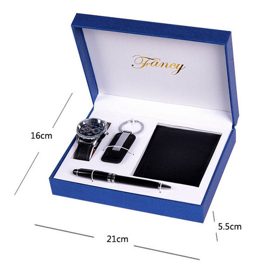"Men's Wallet Gift Set with Wallet, Alloy Watch, Keychain, and Pen – Stylish Business Gift Set in Black with Stripes, Suitable for Anniversaries, Promotions, and More."