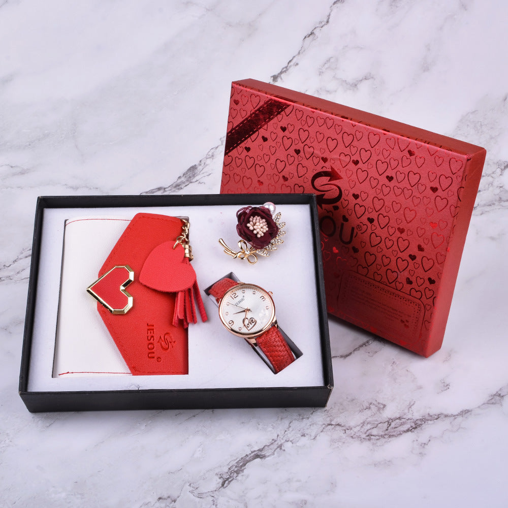 Fashion Creative Boutique Gift Set featuring a belt quartz watch, wallet, and brooch, designed for women with a stylish and functional touch, perfect for gifting.