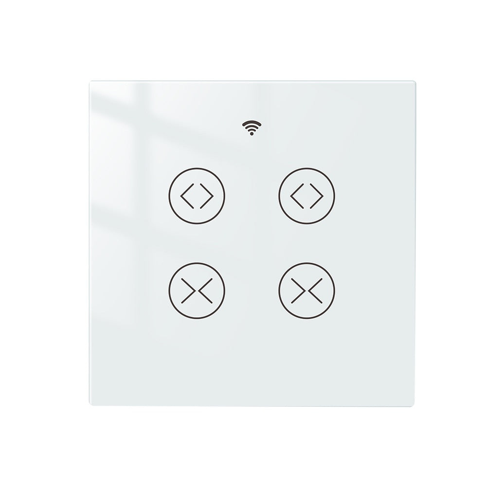 WiFi Smart Curtain with control panel, featuring a waterproof design, timing function, and 2.4GHz RF433 WiFi connectivity. Made with tempered glass and designed for indoor use, it offers smart automation for modern homes.