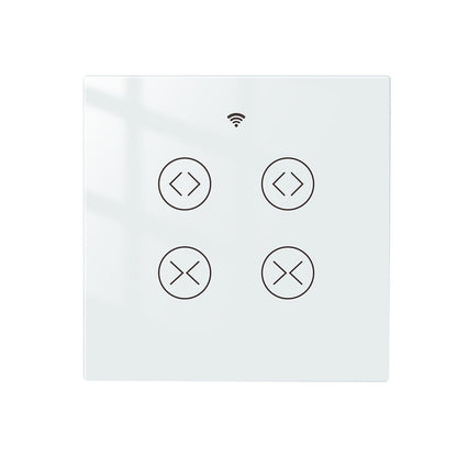WiFi Smart Curtain with control panel, featuring a waterproof design, timing function, and 2.4GHz RF433 WiFi connectivity. Made with tempered glass and designed for indoor use, it offers smart automation for modern homes.