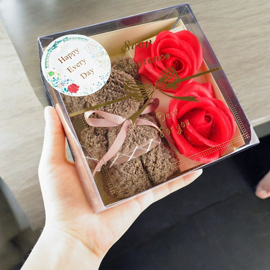 Handmade towel bear in a soap flower gift box, available in red, blue, and pink, perfect for gifting with a charming and fragrant touch