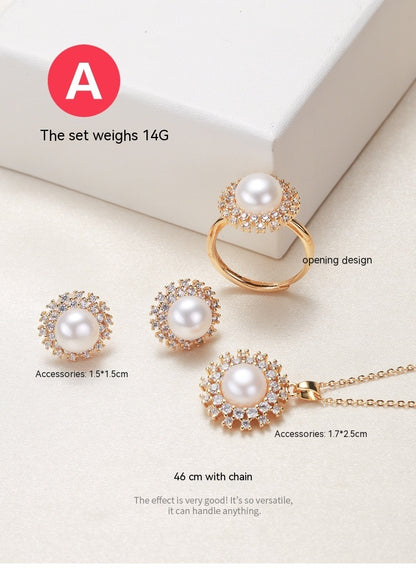 Elegant pearl necklace, ring, and earrings set in various color options, featuring timeless designs and luxurious craftsmanship