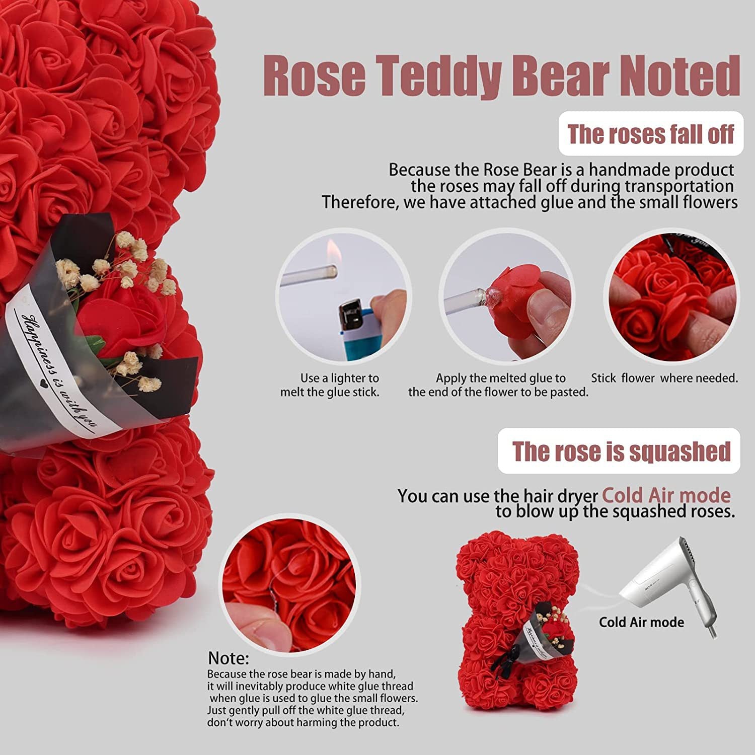 "Rose Flower Teddy Bear – A beautifully crafted teddy bear made from artificial roses, available in various elegant gift box colors. A perfect romantic gift for Valentine's Day, anniversaries, birthdays, weddings, and special occasions."