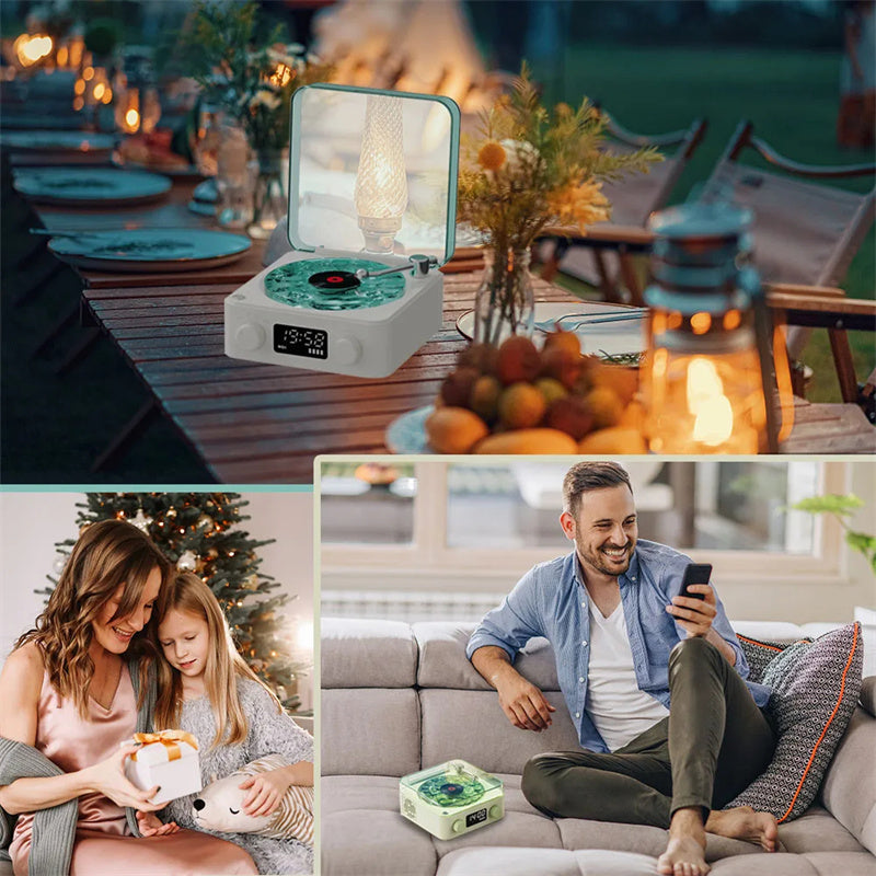 **Retro Turntable Bluetooth Speaker – Vintage Style, Modern Sound 🎶** A portable Bluetooth speaker (142x153x67mm) with a retro design, offering 4 soothing nature sounds like ocean waves and birds. Features 360° surround sound, multiple playback options (Bluetooth, AUX, TF card), and a beautiful breathing light with a transparent turntable. Perfect for parties, relaxation, or enhancing your bedroom ambiance. Available in **blue** and **green**. 🎵