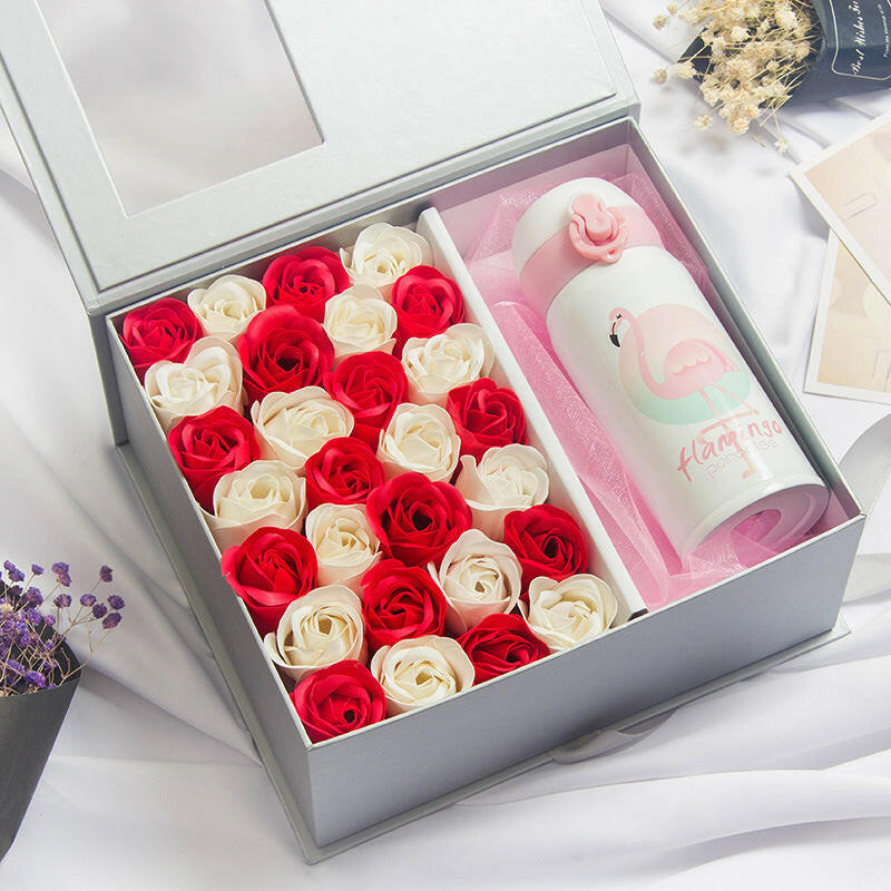 Handmade soap flower rose gift box in elegant packaging, available in various sets including thermos cups, wishing rabbit, and Little Fairy notebooks in different colors.