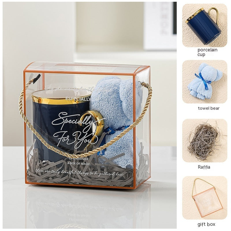 Home Creative Companion Gift Set – Elegant ceramic cup, towel bear, raffles, and gift box in light luxury pink, blue, and letter designs. Perfect for gifting!