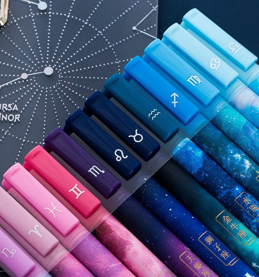 Twelve constellation gel pen set featuring 12 pens with unique zodiac designs, made of plastic and packaged in a plastic outer box, perfect for writing and gifting.