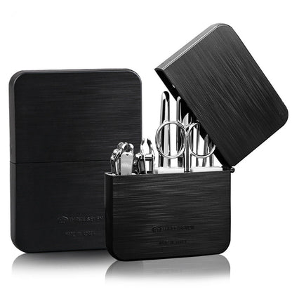 Nail clippers set made of carbon steel, including a diagonal cut clipper, flat cut clipper, dead skin shovel, nail file, eyebrow clip, ear pick, and eyebrow scissors for complete grooming.