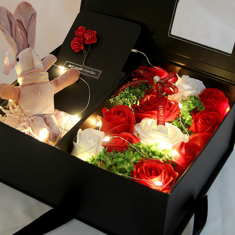 Handmade soap flower rose gift box in elegant packaging, available in various sets including thermos cups, wishing rabbit, and Little Fairy notebooks in different colors.