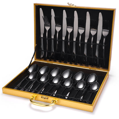 A 24-piece stainless steel cutlery set, made from durable 18/10 stainless steel, eco-friendly, BPA-free, and dishwasher safe. Includes forks, knives, spoons, and teaspoons.