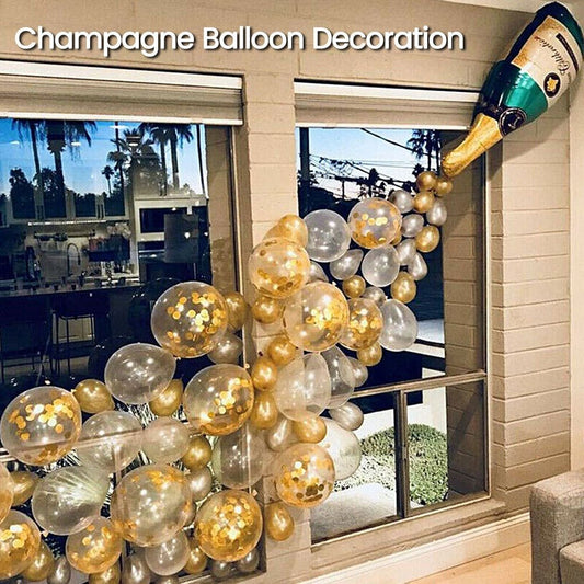 Birthday Party Balloon Decoration set in golden color includes a large wine bottle, 10 golden balloons, 10 silver balloons, 20 gold glitter balloons, and a golden ribbon. Perfect for festive celebrations!