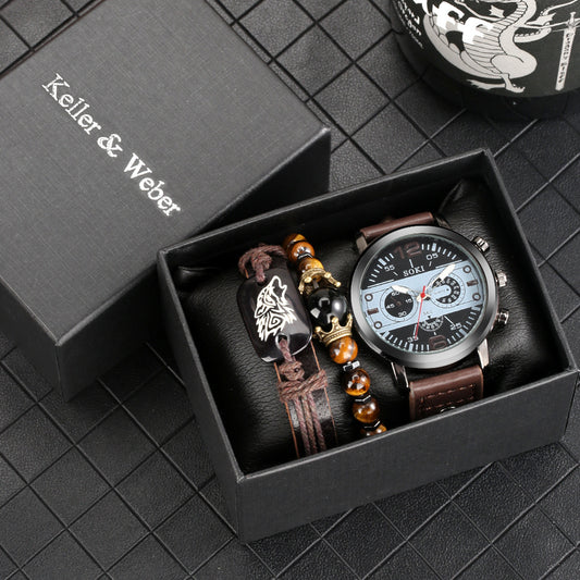 **Men's Quartz Watch & Bracelet Gift Set – Stylish & Timeless**  

A sleek **quartz watch** with a **42mm round dial**, **alloy strap**, and **stainless steel buckle**, paired with a fashionable bracelet. Designed for the modern man, this set is perfect for **everyday wear, special occasions, or gifting**. 🎁⌚✨