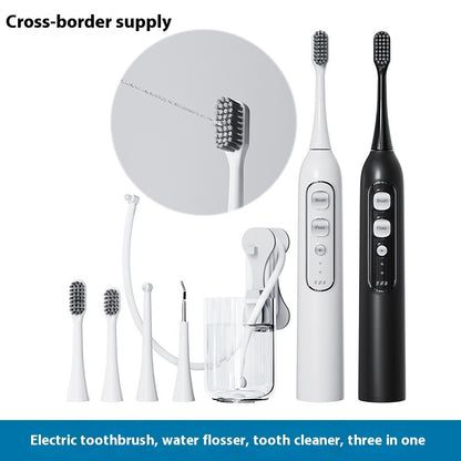 Three-in-one waterproof smart electric toothbrush and oral irrigator in multiple colors (Q1 White, Q1 Black, Q2 White, Q2 Pink), featuring a rechargeable power type, magnetic suspension motor, and over 5 gear settings for customizable cleaning.