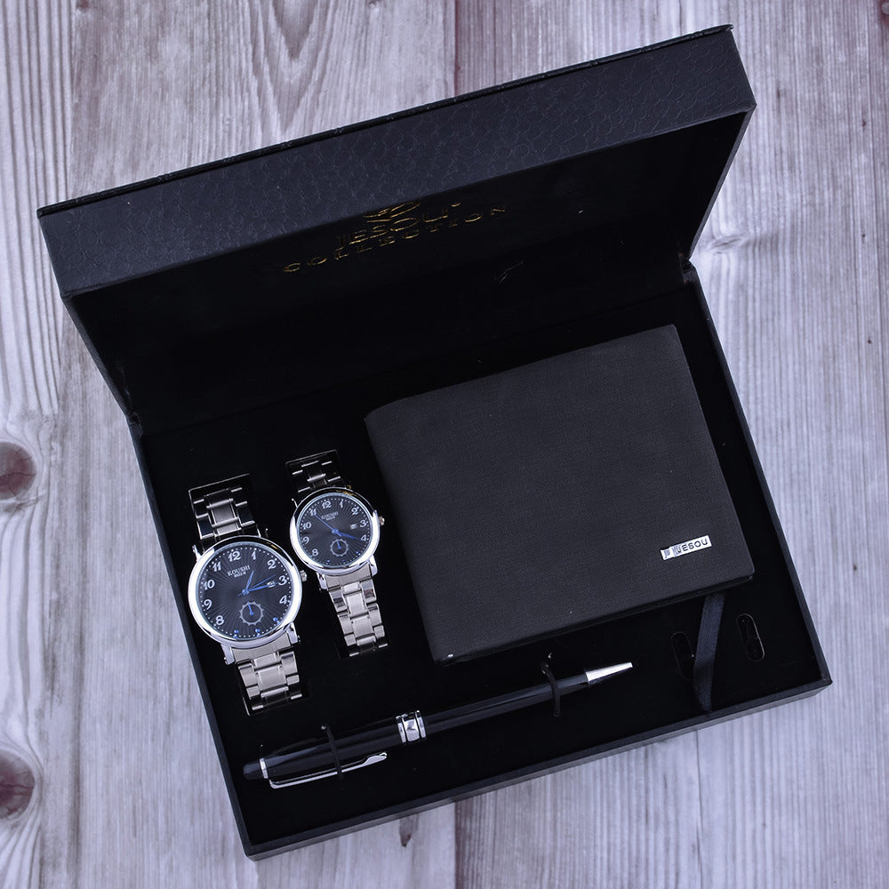 Men's waterproof quartz watch set with a stylish PU strap, stainless steel buckle, and zinc alloy case. Comes in a sleek gift box, available in brown or black.