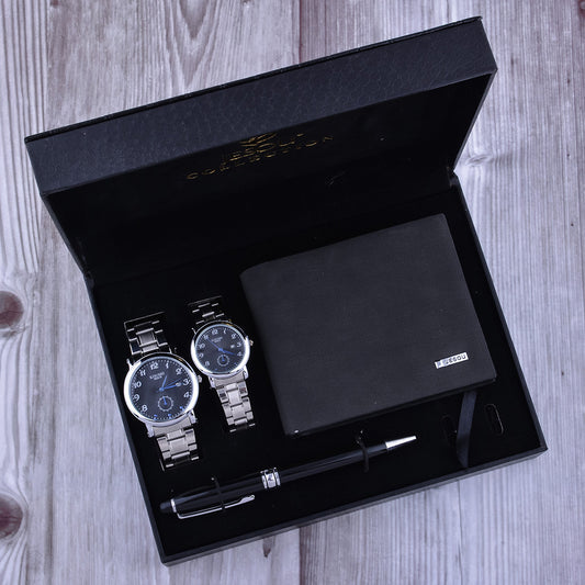 Men's waterproof quartz watch set with a stylish PU strap, stainless steel buckle, and zinc alloy case. Comes in a sleek gift box, available in brown or black.