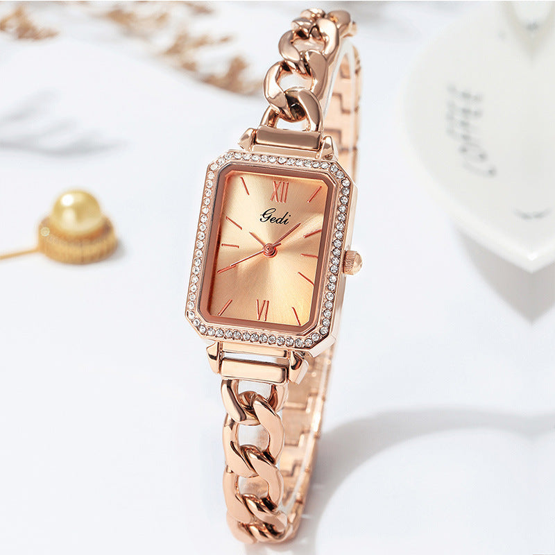 Luxury ladies watch featuring a sleek square dial with a choice of red, gold plate, starry sky black, or small green color options. The 8mm thick watch boasts a mineral reinforced glass mirror, a jewelry buckle, and a stainless steel back for durability and style.