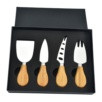 
6-piece stainless steel cheese cutter set with ergonomic handles, designed for slicing different types of cheese. Custom logo printing available, perfect for gifting or personal use.