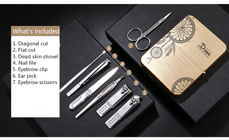 Nail clippers set made of carbon steel, including a diagonal cut clipper, flat cut clipper, dead skin shovel, nail file, eyebrow clip, ear pick, and eyebrow scissors for complete grooming.