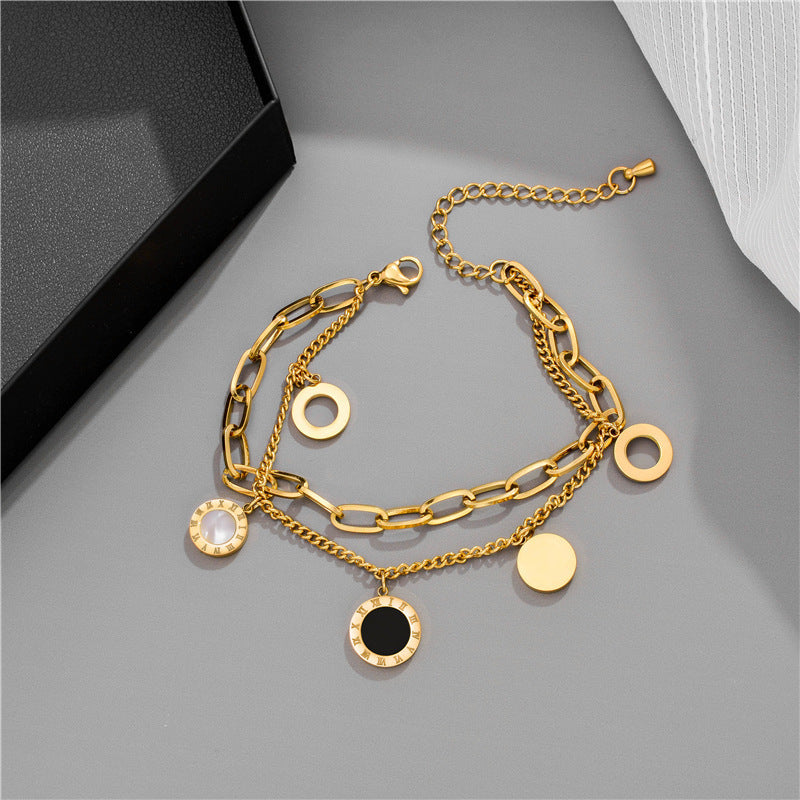 Golden Essence Roman numeral pendant bracelet, adding a touch of light luxury and timeless elegance to any outfit. #RomanNumeralBracelet #LightLuxury #GoldenEssence #TimelessElegance #FashionJewelry #LuxuryAccessories #PendantBracelet #ChicStyle