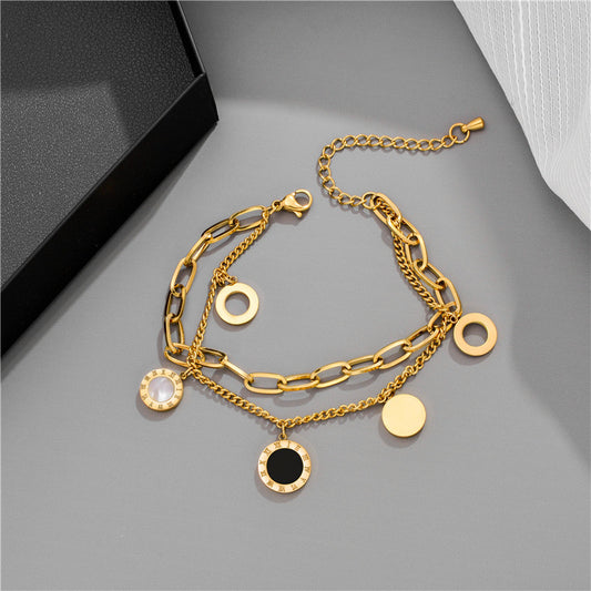 Golden Essence Roman numeral pendant bracelet, adding a touch of light luxury and timeless elegance to any outfit. #RomanNumeralBracelet #LightLuxury #GoldenEssence #TimelessElegance #FashionJewelry #LuxuryAccessories #PendantBracelet #ChicStyle