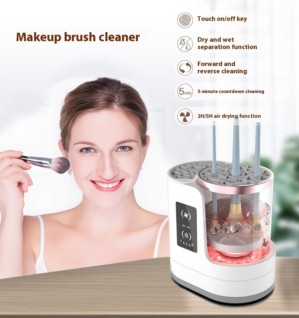 **Electric Makeup Brush Cleaner – Deep Clean, Dry & Disinfect! 💄✨** A powerful brush cleaning machine (192x122x173mm) with **850 r/min** high-speed rotation to remove **98% of makeup residue**. Features a **drying & disinfecting chamber**, a **one-button switch**, and **smart timing options (5-min cleaning, 2/5-hour drying)**. No batteries or assembly needed—just plug in and go! Compact and travel-friendly for effortless brush maintenance anywhere. 🌸