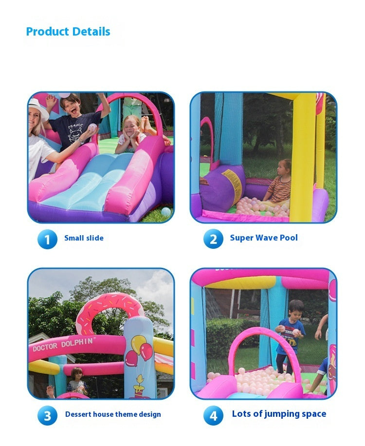 Inflatable castle for kids, made of durable PVC fabric with dimensions 270x290x220cm. Includes a 350W fan for easy setup and deflation. Ideal for household amusement.