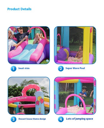 Inflatable castle for kids, made of durable PVC fabric with dimensions 270x290x220cm. Includes a 350W fan for easy setup and deflation. Ideal for household amusement.