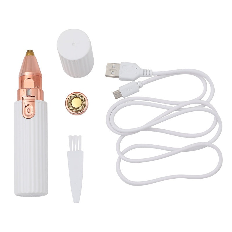 
A 2-in-1 electric eyebrow trimmer and epilator for women, featuring interchangeable heads for painless hair removal on the face, legs, bikini line, and other body areas.