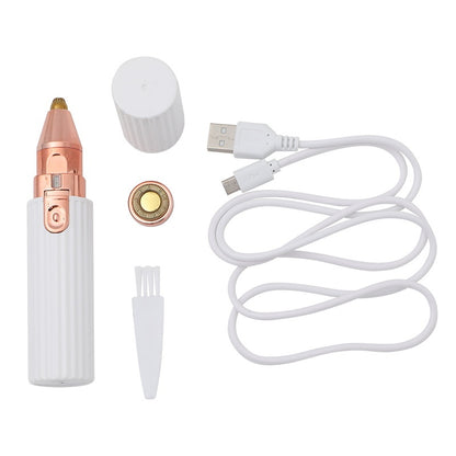 
A 2-in-1 electric eyebrow trimmer and epilator for women, featuring interchangeable heads for painless hair removal on the face, legs, bikini line, and other body areas.