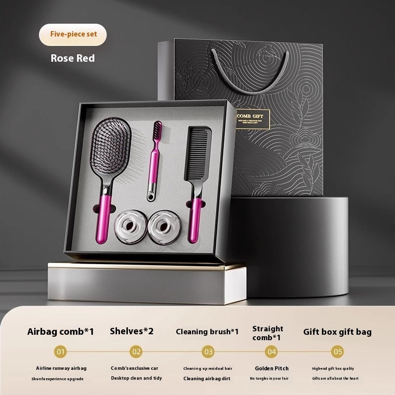5-piece hair care gift set featuring an airbag comb, straight comb, storage racks, cleaning brush, and an elegant gift box with a gift bag. Ideal for hair styling and organization.