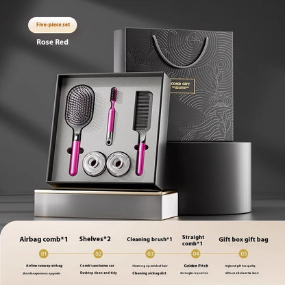 5-piece hair care gift set featuring an airbag comb, straight comb, storage racks, cleaning brush, and an elegant gift box with a gift bag. Ideal for hair styling and organization.