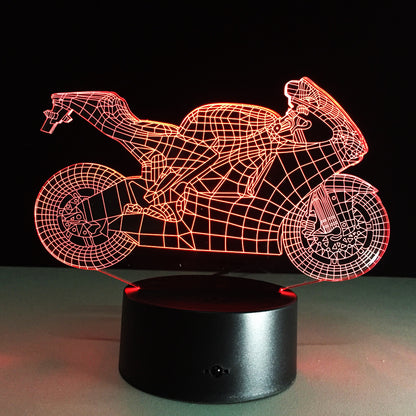 Motorcycle LED desk lamp with a black background and colorful touch controls, featuring an acrylic shade for a sleek and modern look. Ideal for home, hotel rooms, corridors, and entertainment spaces.