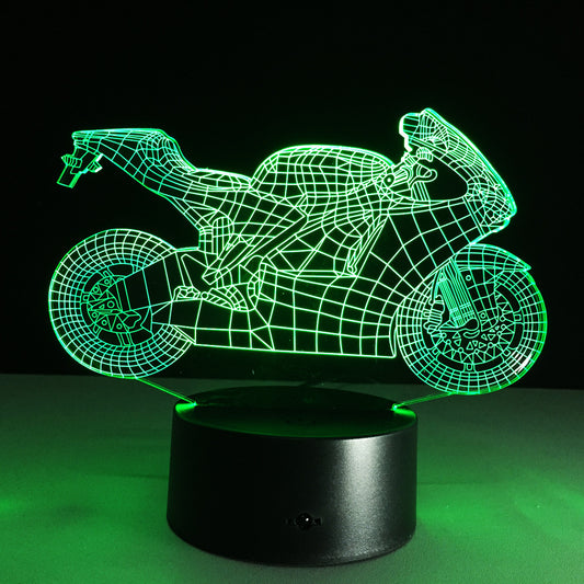 Motorcycle LED desk lamp with a black background and colorful touch controls, featuring an acrylic shade for a sleek and modern look. Ideal for home, hotel rooms, corridors, and entertainment spaces.