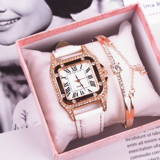 **Two-Piece Watch Set – Elegant & Fashionable ⌚** A sleek, **high-quality quartz alloy** watch with a **casual style**, perfect for fashion-forward women. Available in **Pink**, **Red**, **Black**, **Brown**, and **White**. A must-have accessory for any outfit. 🎁