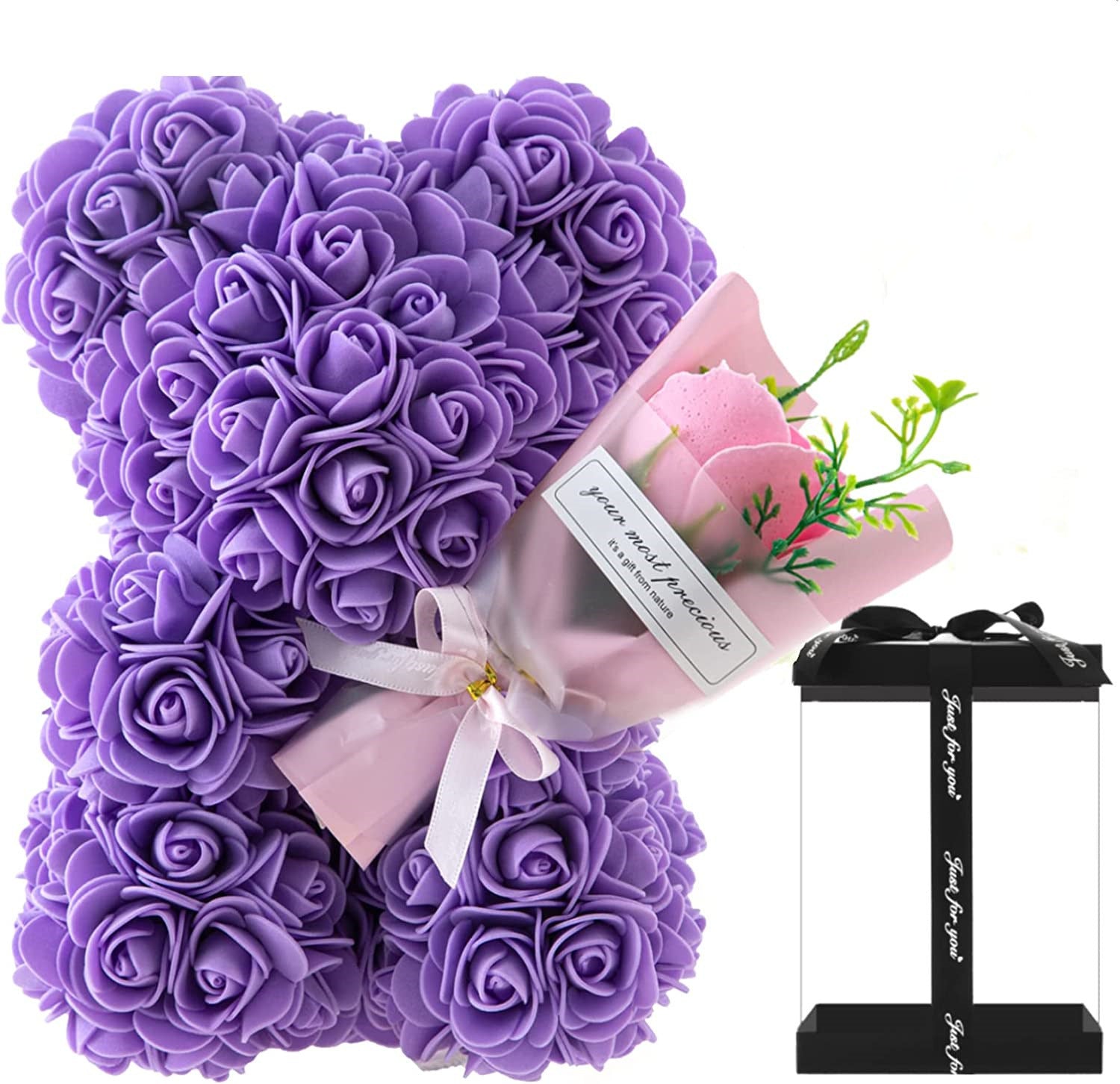 "Rose Flower Teddy Bear – A beautifully crafted teddy bear made from artificial roses, available in various elegant gift box colors. A perfect romantic gift for Valentine's Day, anniversaries, birthdays, weddings, and special occasions."