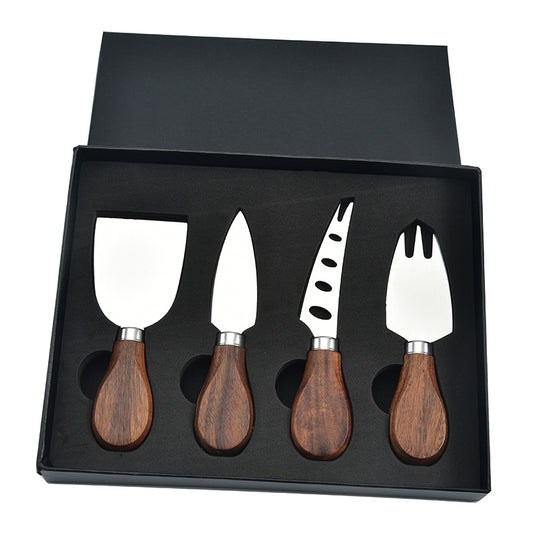 
6-piece stainless steel cheese cutter set with ergonomic handles, designed for slicing different types of cheese. Custom logo printing available, perfect for gifting or personal use.