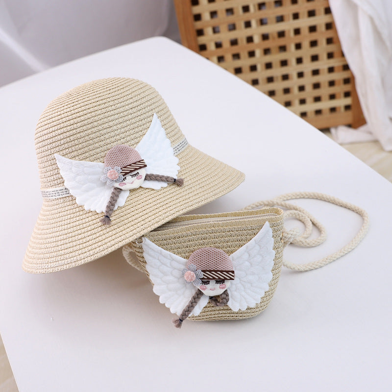 Adorable children's straw hat and matching bag set, featuring a wide-brimmed dome top hat with flat eaves and floral details. Made for ages 2-8, perfect for sunny outdoor adventures.