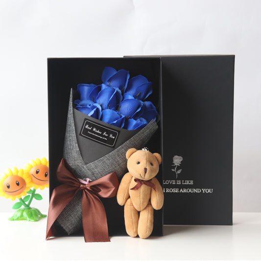 Rose bouquet gift set with soap flowers, including a cute bear and a gift bag, perfect for special occasions like Valentine's Day, Mother's Day, or birthdays