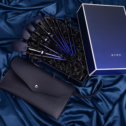 Blue 10-piece makeup brush set featuring soft nylon wool bristles, plastic handles, and a stylish gift box or envelope package, perfect for professional and everyday use.