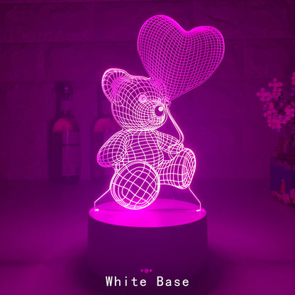 
3D Teddy Bear LED Night Light with 16 color options, touch and remote control, made from acrylic material. Powered by USB or batteries, perfect for kids' room decor.