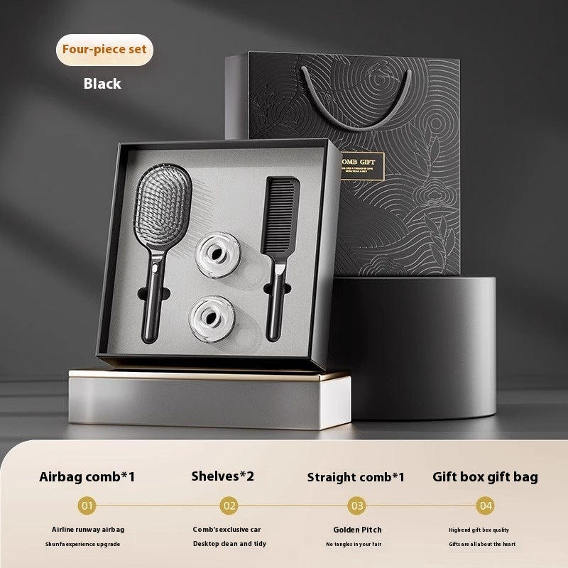5-piece hair care gift set featuring an airbag comb, straight comb, storage racks, cleaning brush, and an elegant gift box with a gift bag. Ideal for hair styling and organization.
