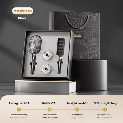 5-piece hair care gift set featuring an airbag comb, straight comb, storage racks, cleaning brush, and an elegant gift box with a gift bag. Ideal for hair styling and organization.