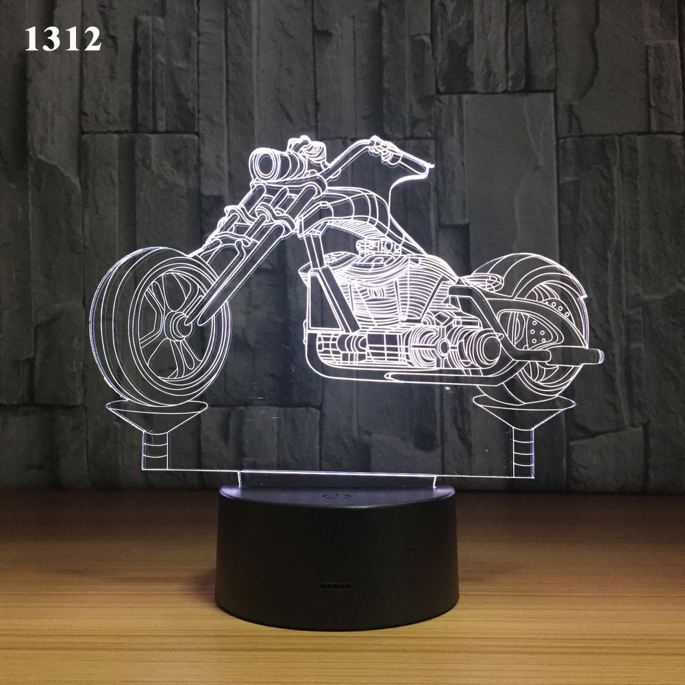 Motorcycle LED desk lamp with a black background and colorful touch controls, featuring an acrylic shade for a sleek and modern look. Ideal for home, hotel rooms, corridors, and entertainment spaces.